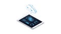 A tablet displaying a cloud computing interface with various data analytics and graphs on the screen Royalty Free Stock Photo