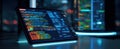 The tablet displaying colorful coding in a modern tech workspace environment. AI generated image Royalty Free Stock Photo