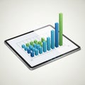 Tablet displaying a 3D bar chart with blue and green bars of Royalty Free Stock Photo