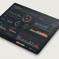 Tablet displaying a data analytics dashboard. Features a dark theme with graphs Royalty Free Stock Photo