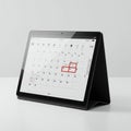 Tablet displaying a digital calendar, mounted on a black case with a triangular stand. The