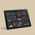 A tablet displaying a digital dashboard with various data visualizations on a beige Royalty Free Stock Photo