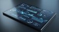 Tablet displaying a digital dashboard with various data visualizations on a sleek, dark Royalty Free Stock Photo