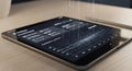 Tablet displaying financial data analysis and correlation patterns with digital rain effect Royalty Free Stock Photo