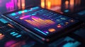 Tablet displaying financial data analysis interface with glowing charts Royalty Free Stock Photo