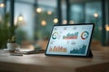 A tablet displaying an interactive data dashboard with graphs and charts is placed on the table in front of it Royalty Free Stock Photo