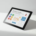 Tablet displaying an interactive e-learning platform. The screen features a mix of Royalty Free Stock Photo