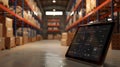 The Tablet in Warehouse Aisle.AI generated image Royalty Free Stock Photo