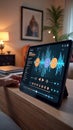 Tablet displaying music production software in modern living room setting Royalty Free Stock Photo