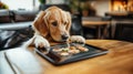 on a tablet displaying a selection of dishes, a dog selects one by pressing on it with his paw