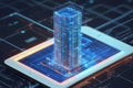 Tablet displaying skyscraper blueprint with 3d grid visualization and digital rendering features Royalty Free Stock Photo