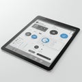 Tablet displaying a user interface with multiple widgets in monochrome and blue. Royalty Free Stock Photo