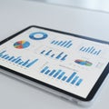 Tablet displaying various charts and graphs, including bar charts, pie charts