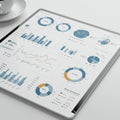 Tablet displaying various charts and graphs, including pie charts, bar graphs, and line Royalty Free Stock Photo
