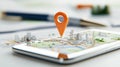 Tablet displaying a vibrant 3D city map with a glowing orange marker, emphasizing urban navigation, advanced mapping technologi