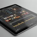 Tablet displaying video editing software interface. The screen shows timelines, audio Royalty Free Stock Photo