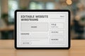Stock mockup tablet showing \'Editable Website Wireframe\' with headings, content blocks in soft bokeh office scene Royalty Free Stock Photo