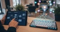 Tablet displaying workflow chart connects to digital brain network overlay, with keyboard Royalty Free Stock Photo
