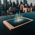 Tablet shows data visualization of city buildings with skyline in background during sunset hours in urban setting Royalty Free Stock Photo