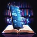 Tablet displays digitization process books to ebooks, paper to digital