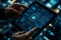 Cybersecurity concept with a glowing padlock icon on a tablet screen displaying digital code and data streams, representing Royalty Free Stock Photo
