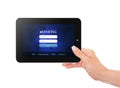 Tablet with ebanking login page holded by hand over wh Royalty Free Stock Photo