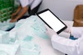 Tablet empty white screen, Man worker using digital tablet checking quality medical mask of manufacture factory Royalty Free Stock Photo
