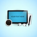 Tablet, eyeglasses, notebook, pen, coffee. Vector. Realistic mock up tablet.