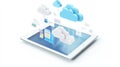 Tablet displaying cloud file thumbnails with floating interface elements, showcasing digital organization and modern technology in Royalty Free Stock Photo