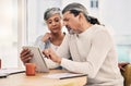 Tablet, finance and senior couple planning, pension documents and retirement funding or loan at home. Search, life Royalty Free Stock Photo