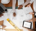 Tablet, floor plan and architecture people planning, project management and teamwork for design illustration Royalty Free Stock Photo