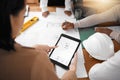 Tablet, floor plan and engineering people planning, project management and teamwork for design illustration Royalty Free Stock Photo