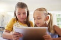 Tablet, friends and girls in classroom for learning, education and online knowledge. Kindergarten, technology and kids Royalty Free Stock Photo