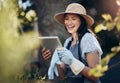 Tablet, gardening and woman checking flowers for botany, growth or development in nature. Botanist, sustainable and