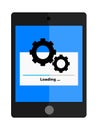 The tablet with gears on the screen and the loading progress bar. Repair of computer equipment symbol Royalty Free Stock Photo