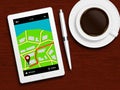 Tablet with gps navigation application, coffee and pencil lying