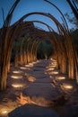 Tablet-guided tour of a desert amphitheater, exploring the psychology behind bioluminescent bamboo and ceramic artifacts