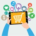 Tablet and hand with basket online shop, ecommerce concept