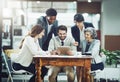 Tablet, happy or business people planning in meeting for team strategy or working on project in company. Online, digital Royalty Free Stock Photo