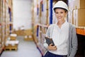 Tablet, happy or woman in factory for safety, shipping delivery, product or stock in warehouse by shelf. Printing Royalty Free Stock Photo
