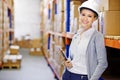 Tablet, happy or woman in warehouse for safety in shipping delivery, product or factory stock by shelf. Industrial Royalty Free Stock Photo