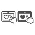 Tablet with heart and hand pointer line and solid icon, dating concept, datig app vector sign on white background