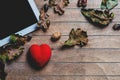 Tablet, heart -shaped toy and fallen leaves Royalty Free Stock Photo