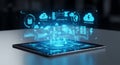 Tablet with Holographic Data Interface: Cloud Computing, Network Traffic, and Processing Unit Display Royalty Free Stock Photo