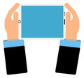 Tablet in human hands. Touch screen device icon