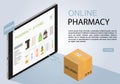 Tablet in isometry, an online medicine store concept for a banner, web page, flyer, or mobile app. Pharmacy store online
