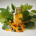 Tablet jar with natural extract yellow pills. Bottle of pills with leaves behind Royalty Free Stock Photo