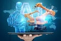 A tablet in a man`s hand controlling robotic arms in a modern factory. Iot technology concept, smart factory. Digital Royalty Free Stock Photo