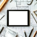 Tablet Mockup Architectural Blueprint Design Tools Royalty Free Stock Photo