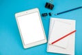 Tablet mockup background top view. Workplace copy space. otepad, notebook and pen. Study and work. Planning. Self Royalty Free Stock Photo
